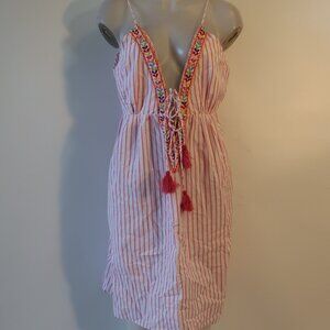 NWT Womens Tina Demel Pink, White Pinstriped Embroidered Dress M